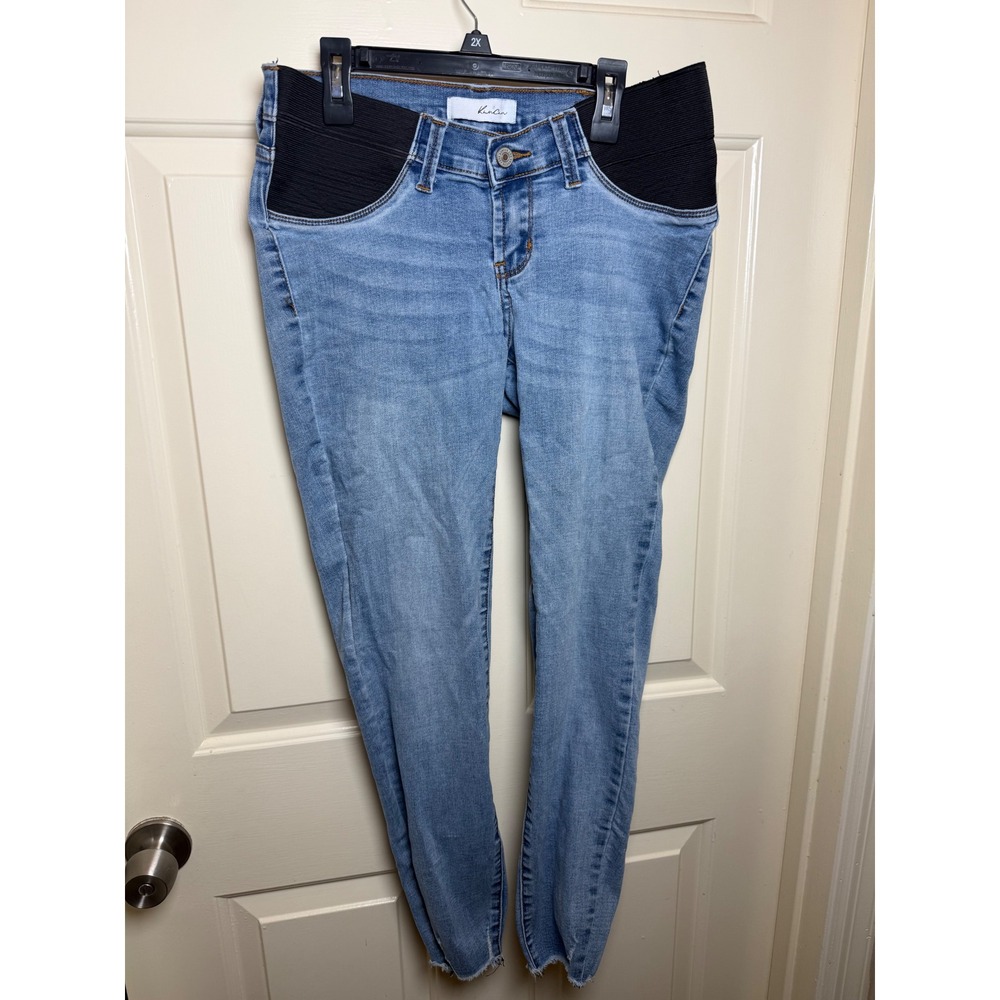 Kancan Maternity Skinny Jeans Medium Wash Elastic Side Panel Raw Hem 7/27